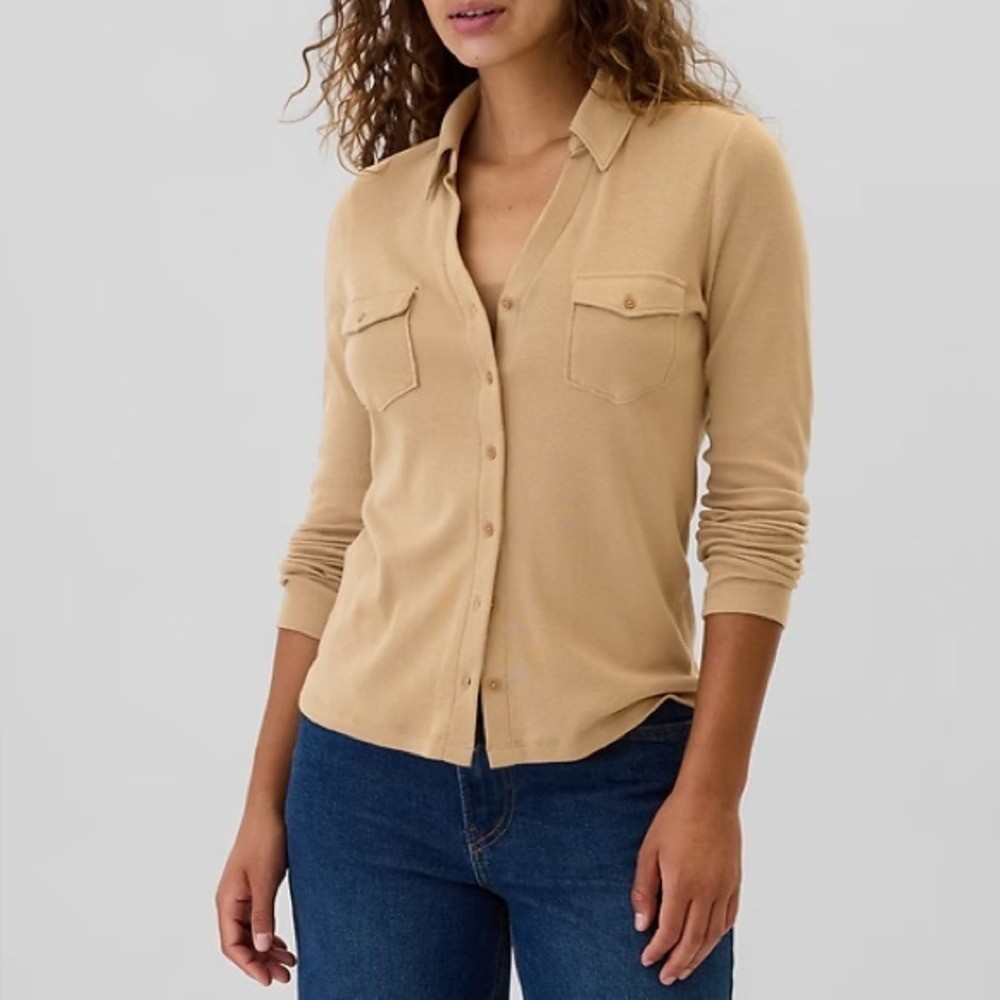 Gap Super Soft Modal Blend Modern Button Front Utility Shirt Long Sleeve Tan