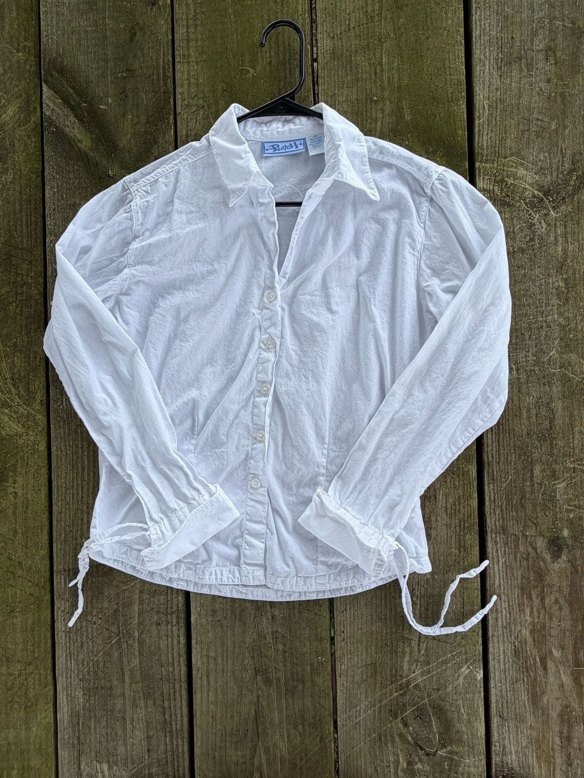 Punch! Women’s White Long Sleeve Button-Down Shirt with Cuff Tie Details