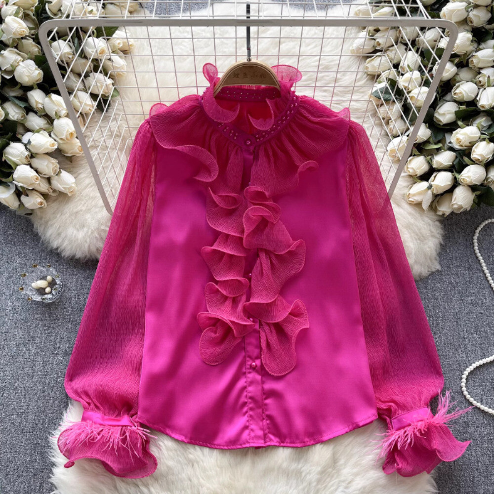 Chiffon Ruffles Shrits Tops Women T-Shirts Frill Puff Sleeve Retro Blouse Party