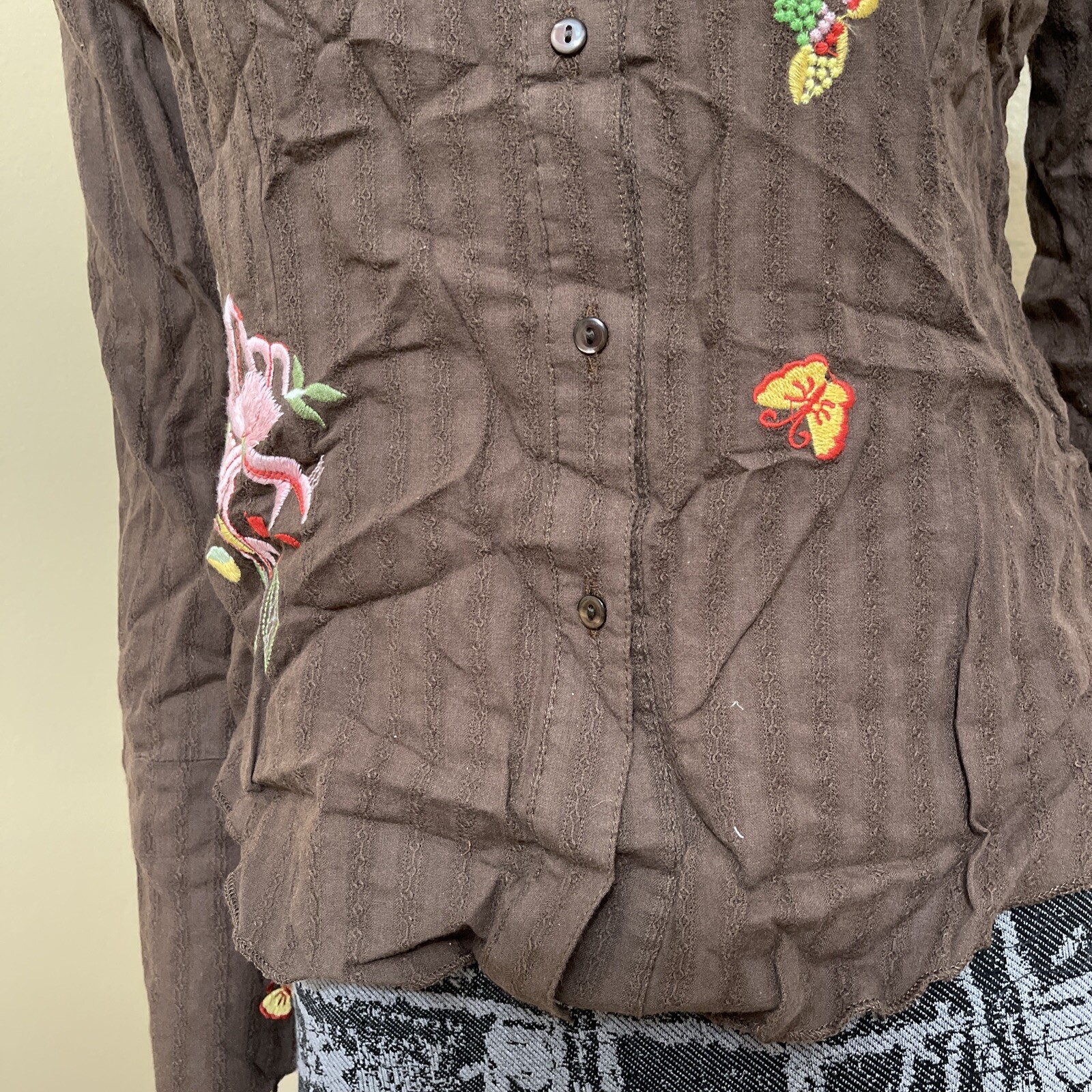 Women’s Brown Cotton Casual Embroidered Slit Sleeve Size M Button Up Blouse Top