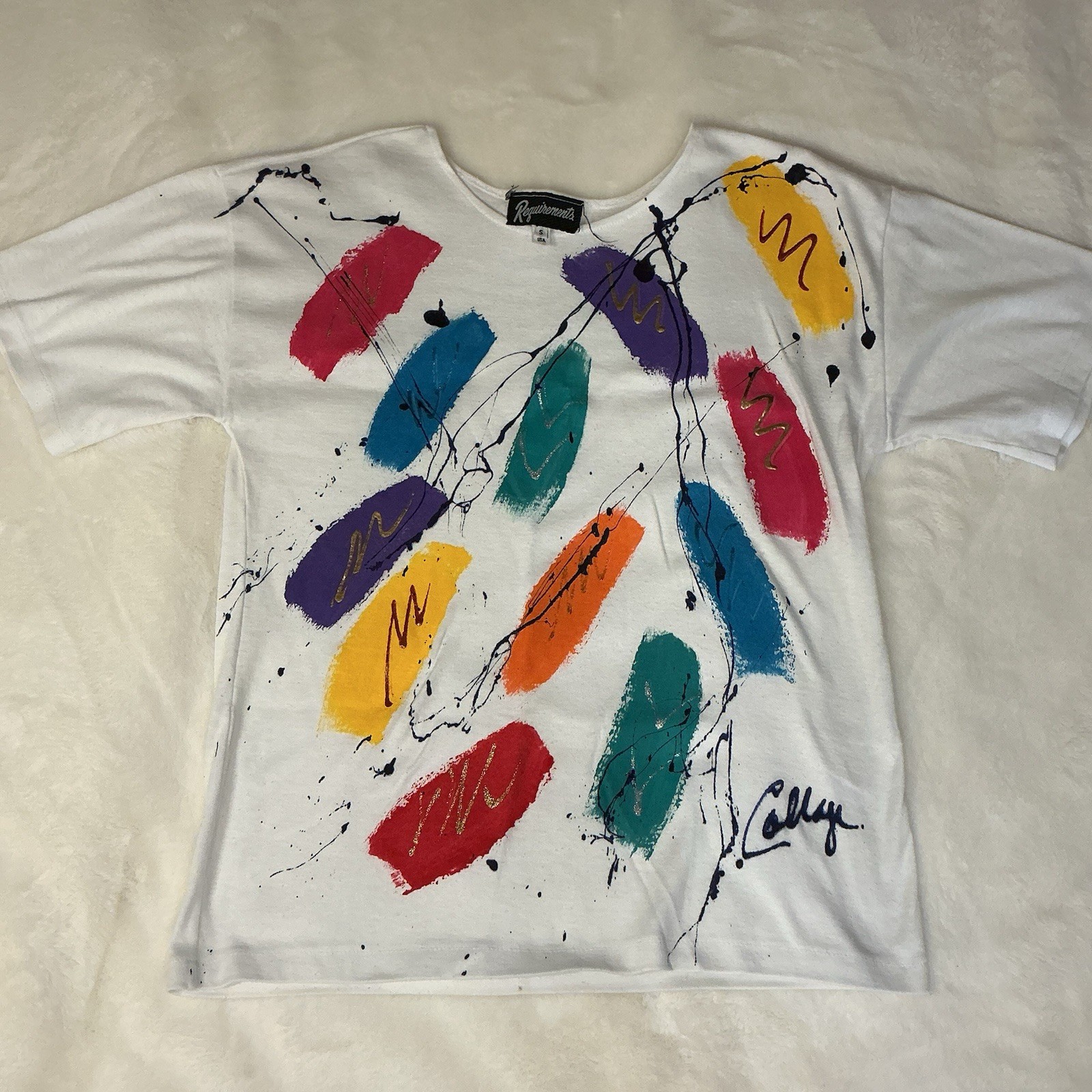 Vintage 80s Requirements White Graphic Tee Abstract Paint Splatter Design Small