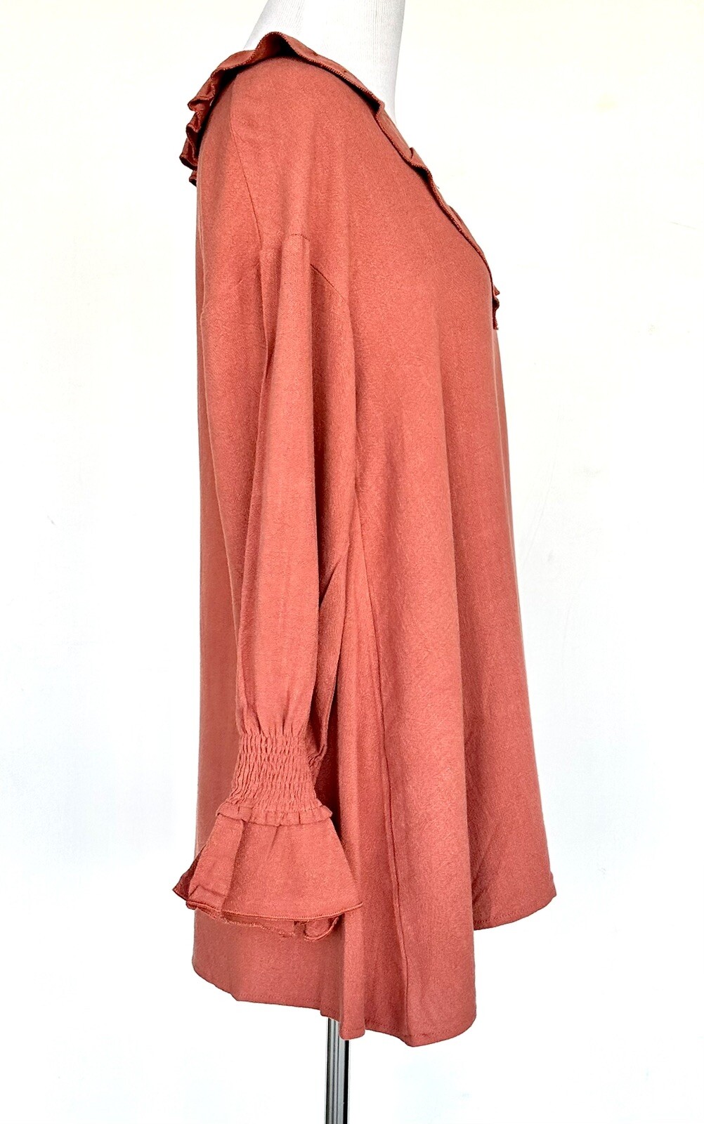 Paisley Vine Linen Mix Ruffle Neck Tunic Top Rust NWT $58 Smocked Cuff Small