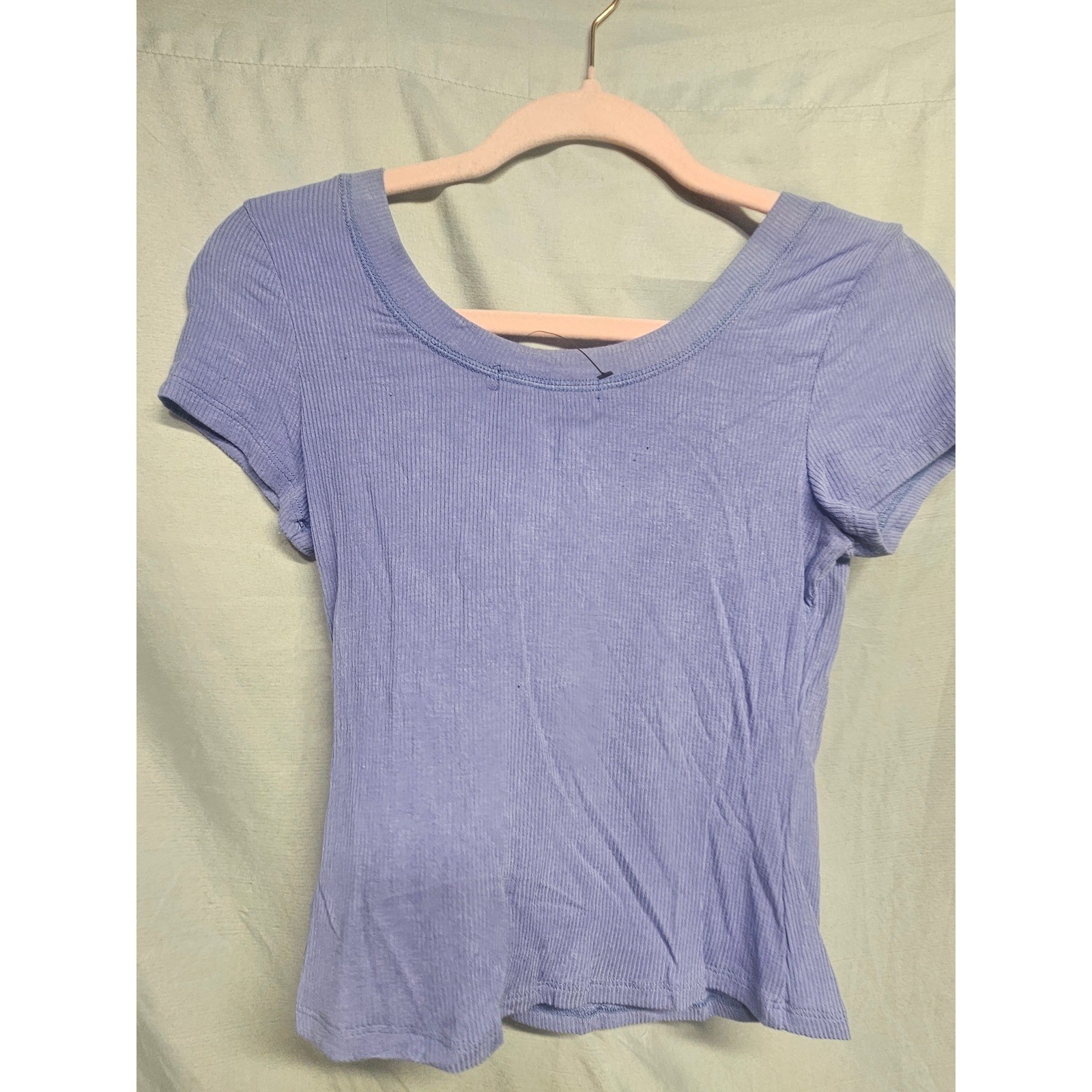 Lulus Womens Periwinkle Blue Ribbed Henley Short Sleeve Scoop Neck Top Small