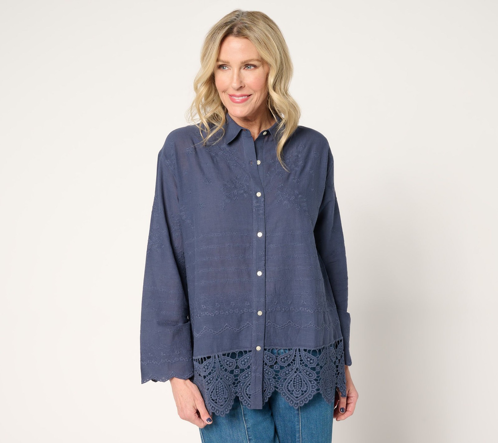 LOGO by Lori Goldstein 100% Cotton Embroidered Shirt Mood Indigo S New