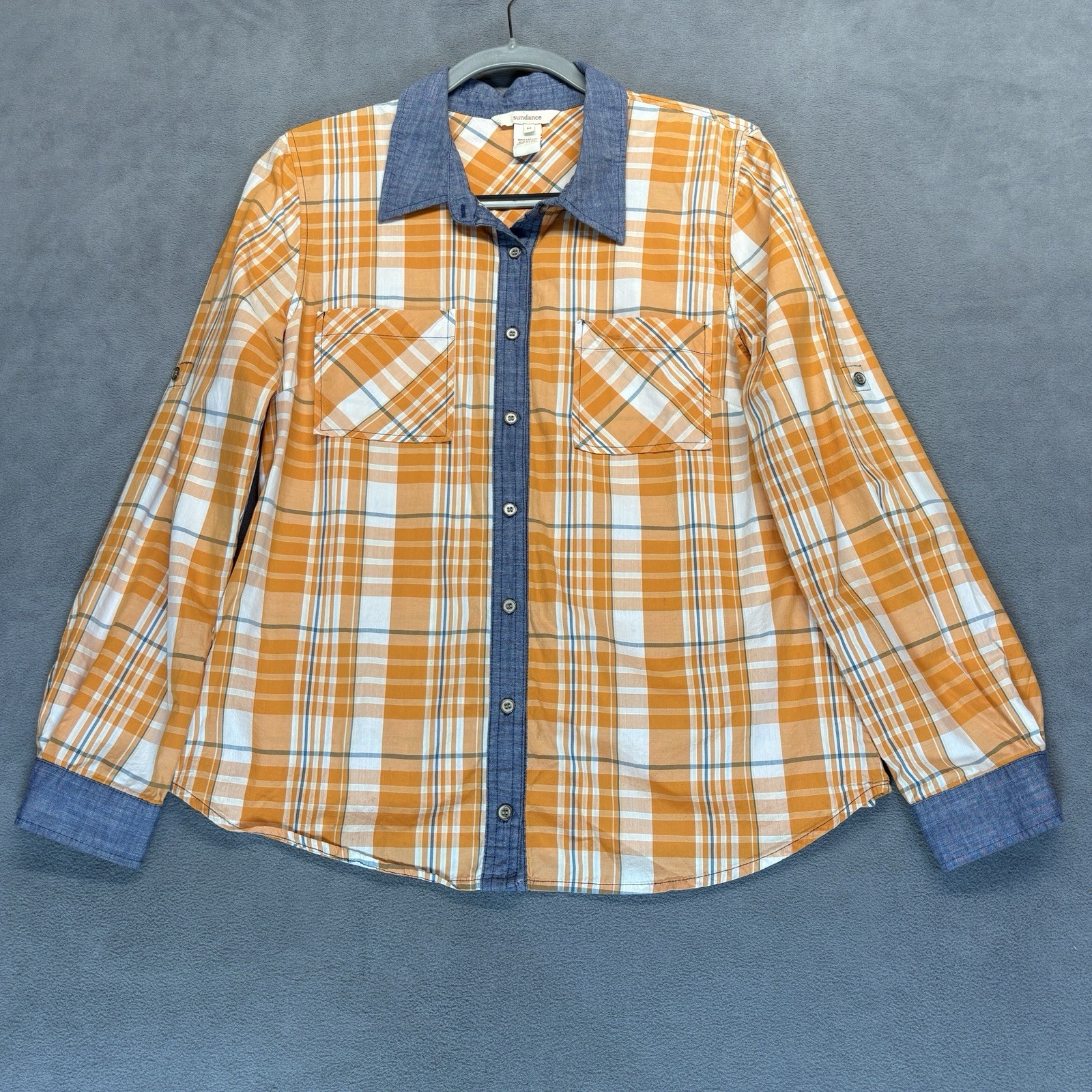 Sundance Size Medium Plaid Button Up Shirt Orange Blue Cotton Roll Tab Sleeve