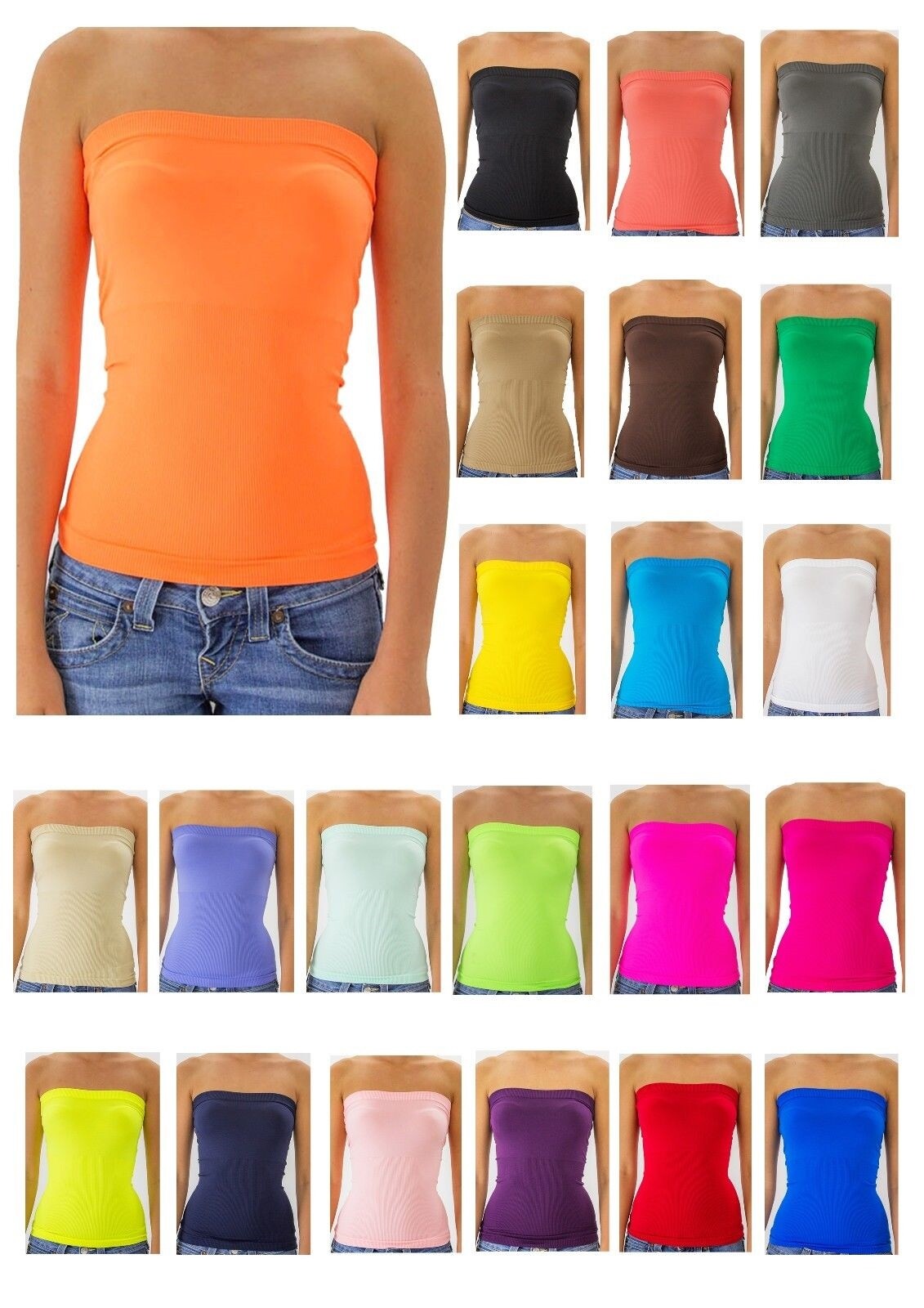 Women’s Seamless Bandeau Strapless Tube Top Basic Layering Ribbed Stretch Tee