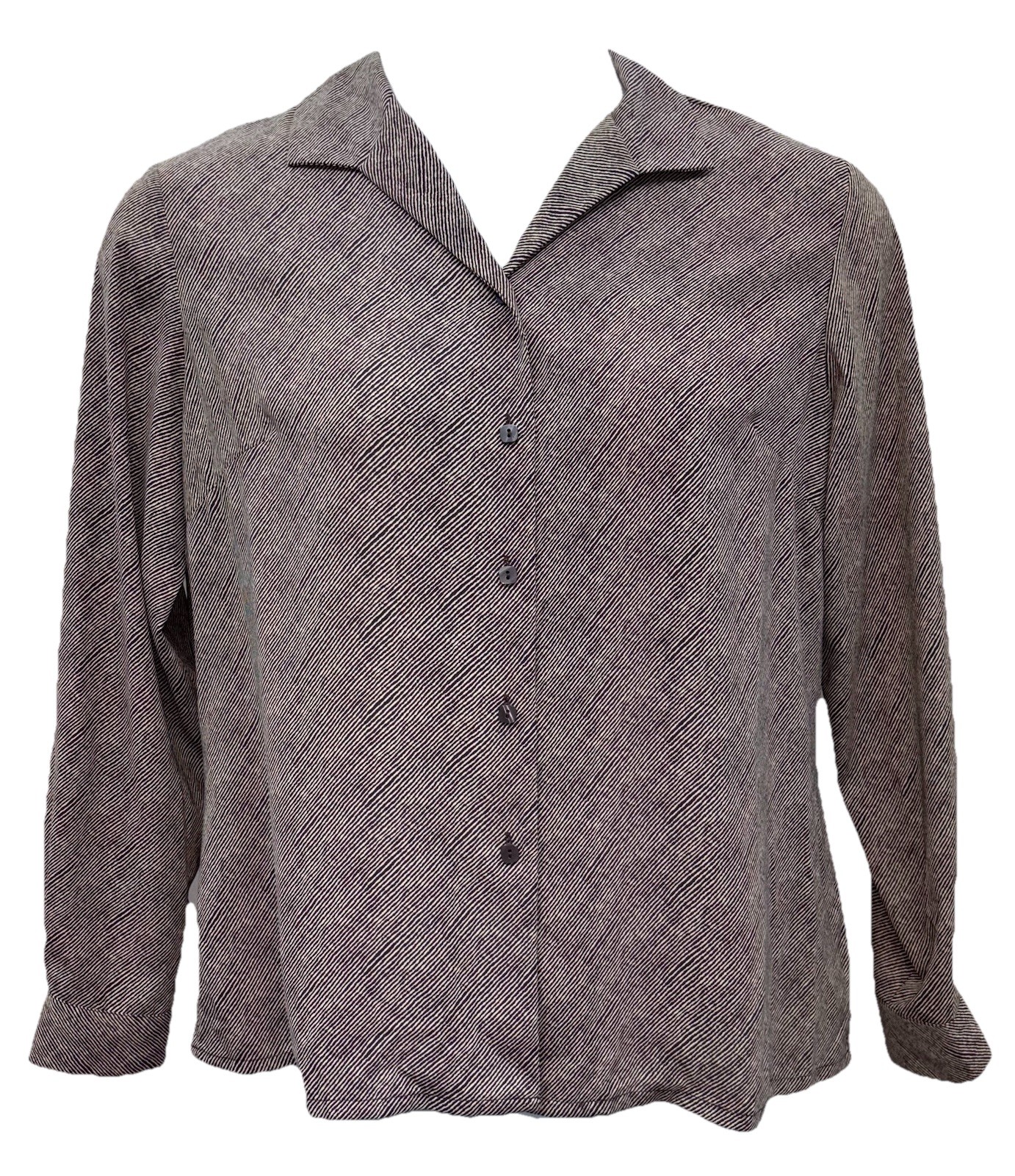 Covington Women Size PL Button Up Long Sleeve Collar Blouse Brown/Cream Stripes