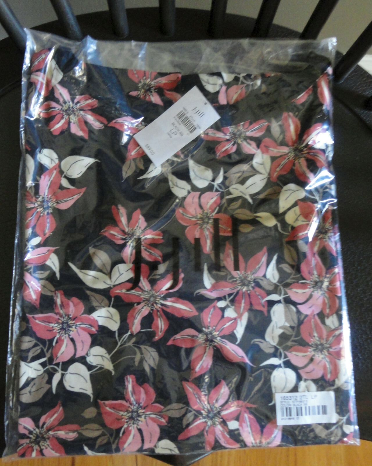 NWT J Jill Wearever Tunic 3/4 SL Black Pink Botanical Floral Lily $89 Sz LP