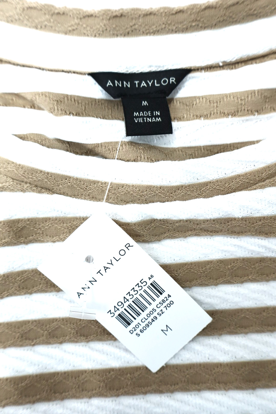NWT ANN TAYLOR Women’s Stretch Polyester T-Shirt Ruffle Striped Brown Ivory M
