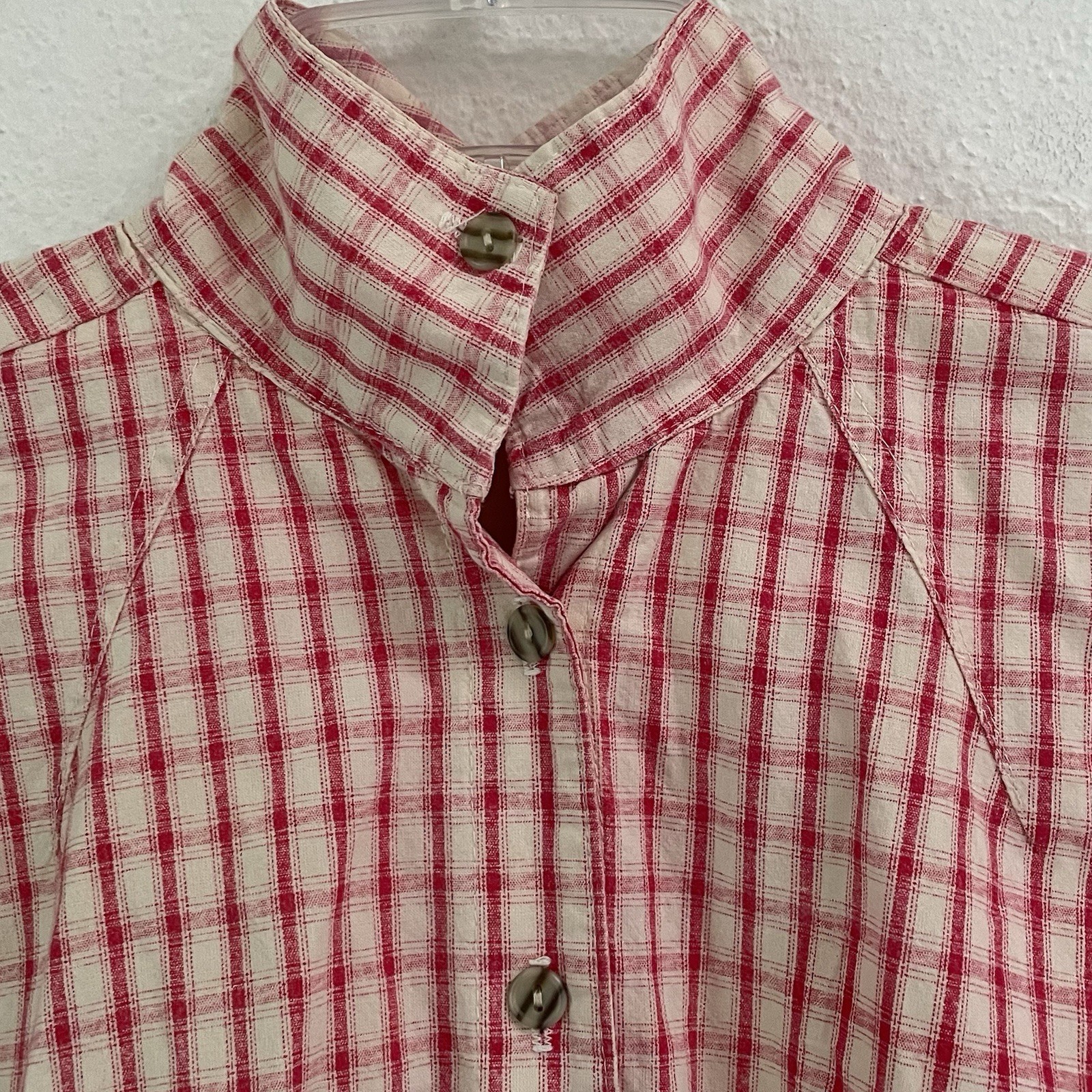 Vintage 90s Plaid Shirt Women’s S High Neck Gingham Pink & Cream Preppy USA