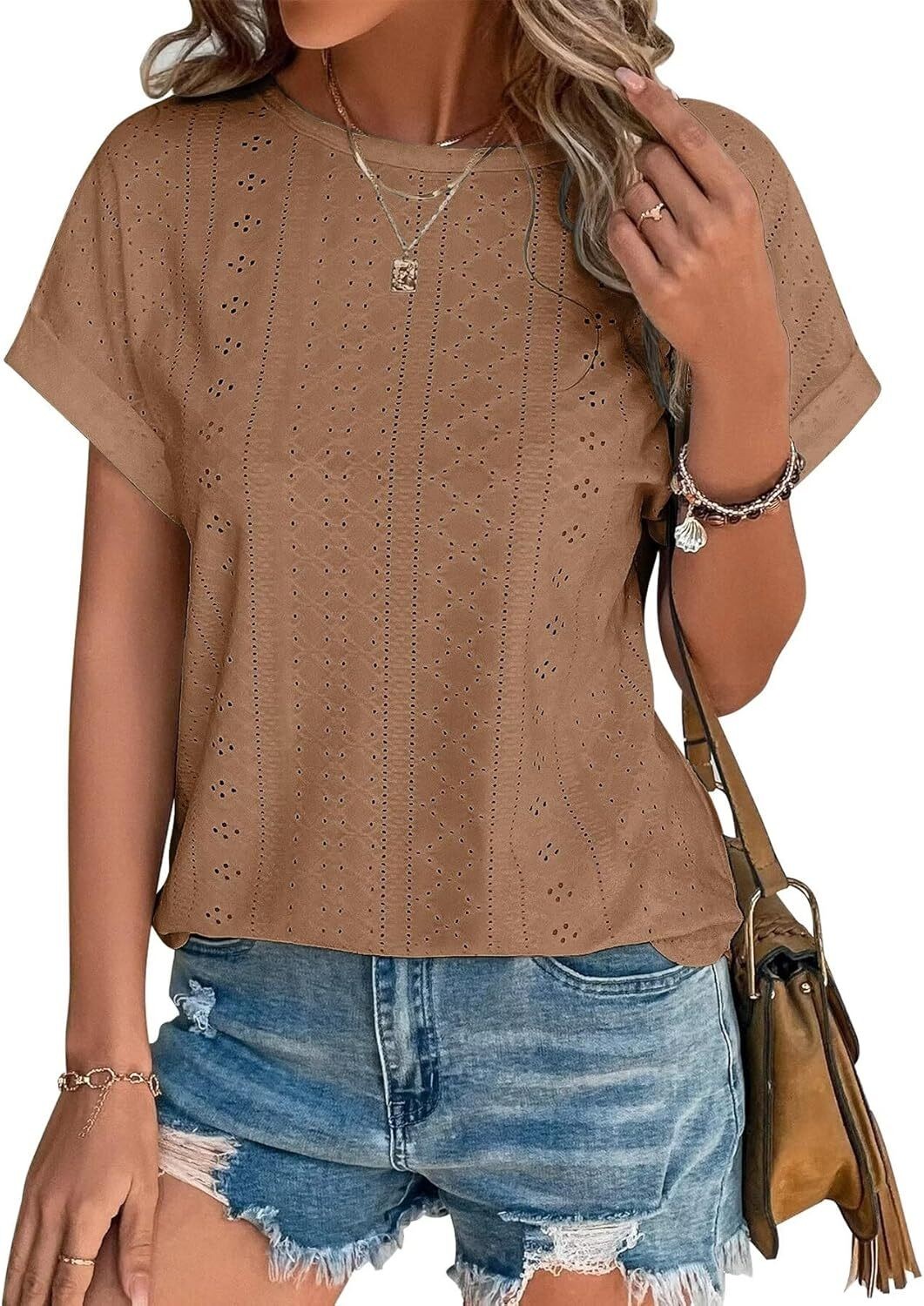 Womens Eyelet Embroidery Top Short Sleeve Curved Hem Loose Fit Summer T Shirt