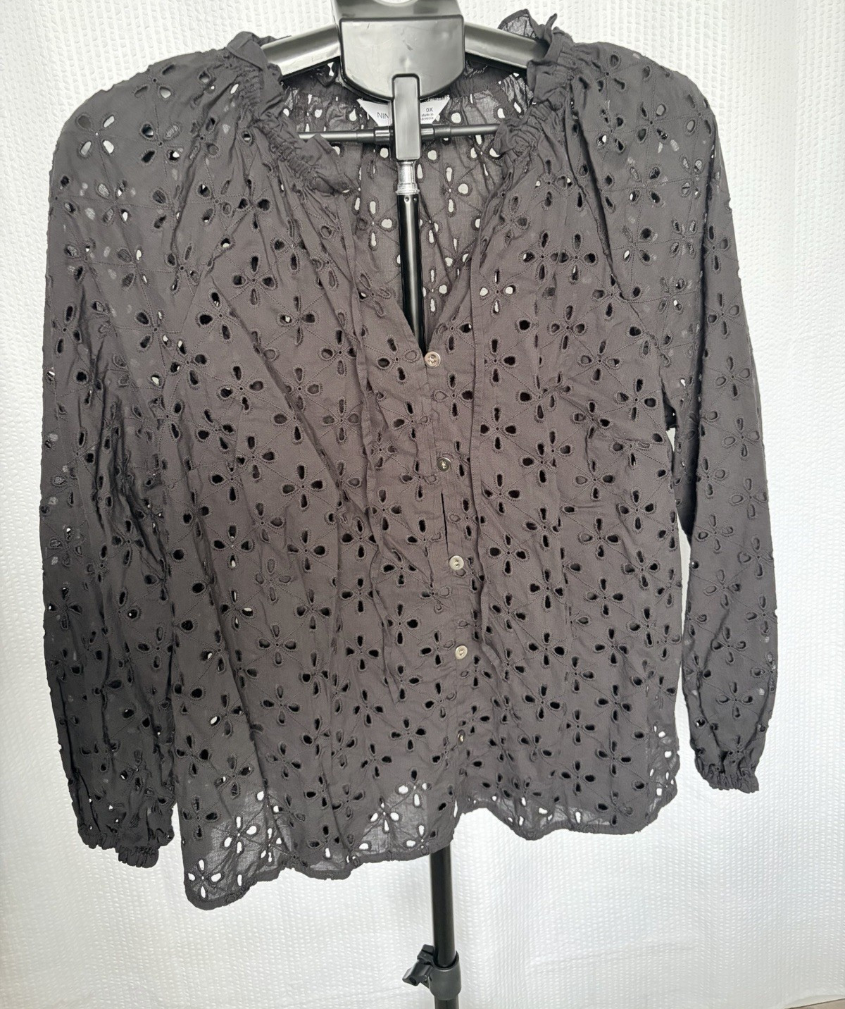 Nine West Women’s 0X Black Lace Eyelet Button Front Blouse