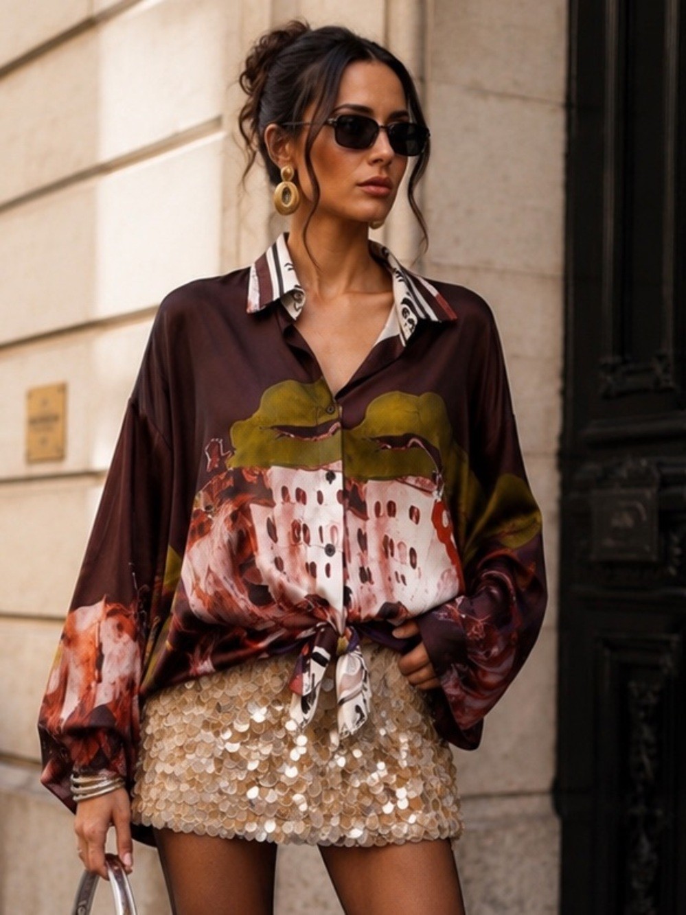 Made In Italy Abstract Art Print Silky Button-Up Blouse