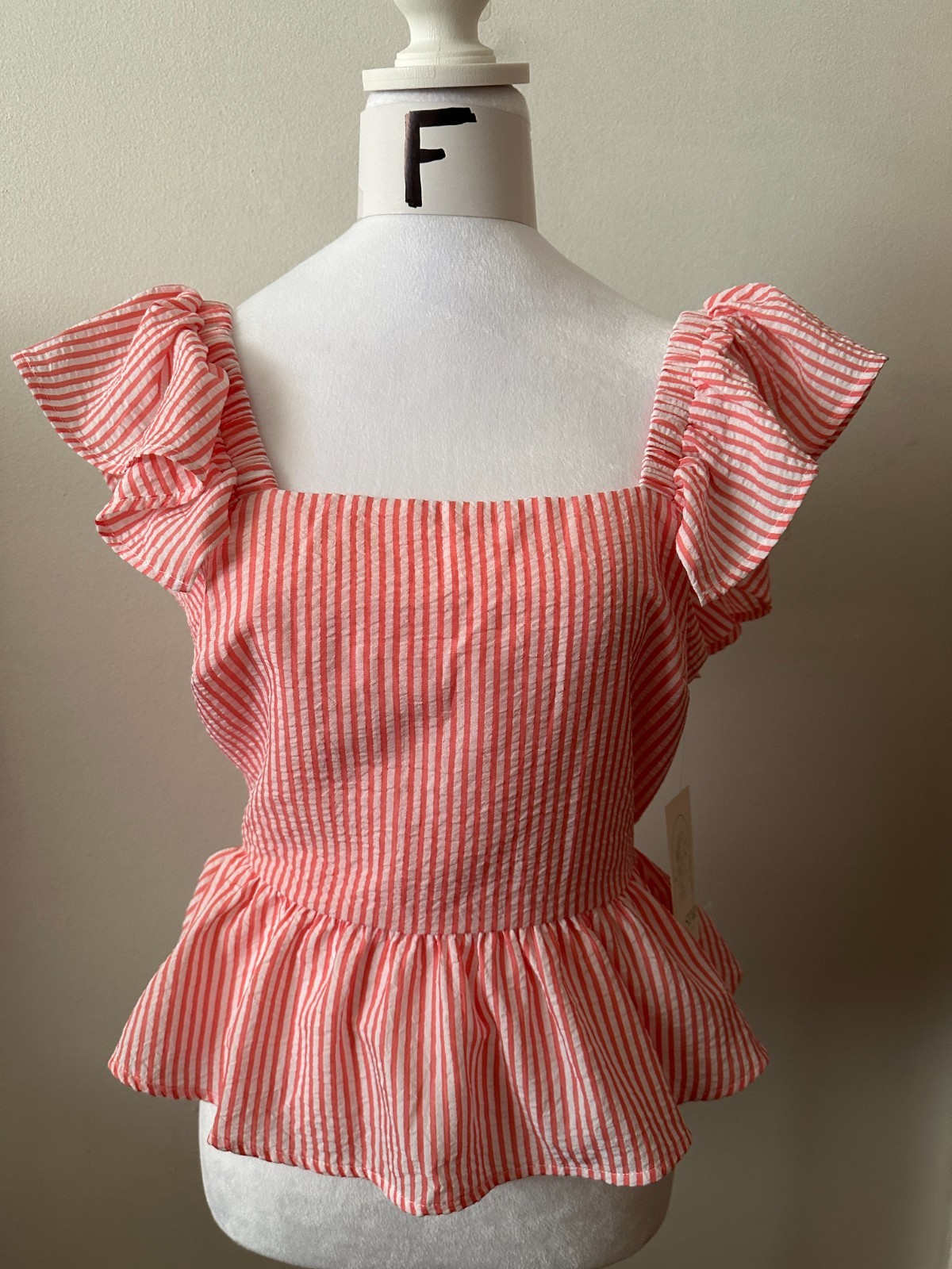 LILY STAR, (NWT), Ruffled top, color salmon/white stripped, size (M)