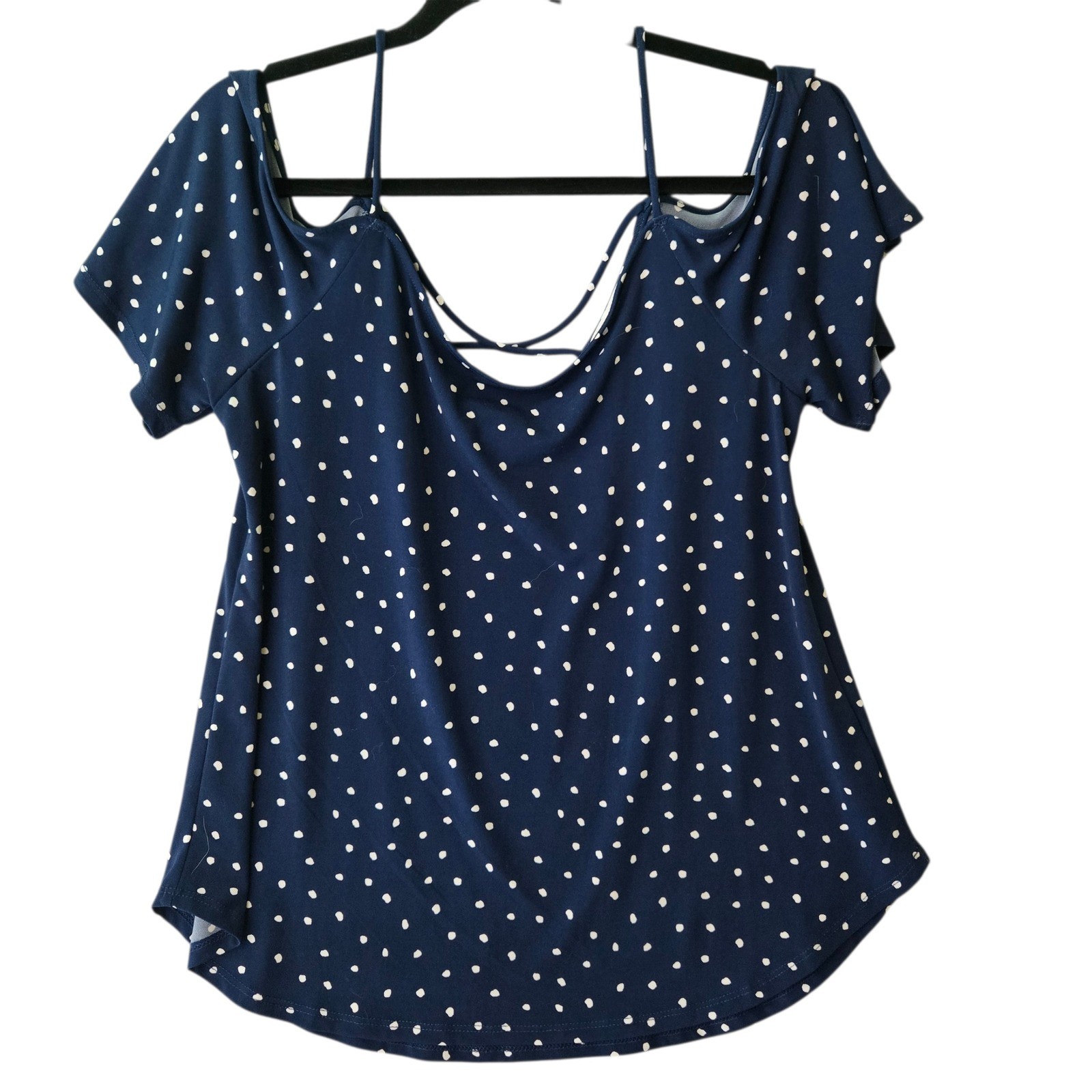 Kaileigh Navy Blue Polka Dot Cold Shoulder Flutter Sleeve Top Medium