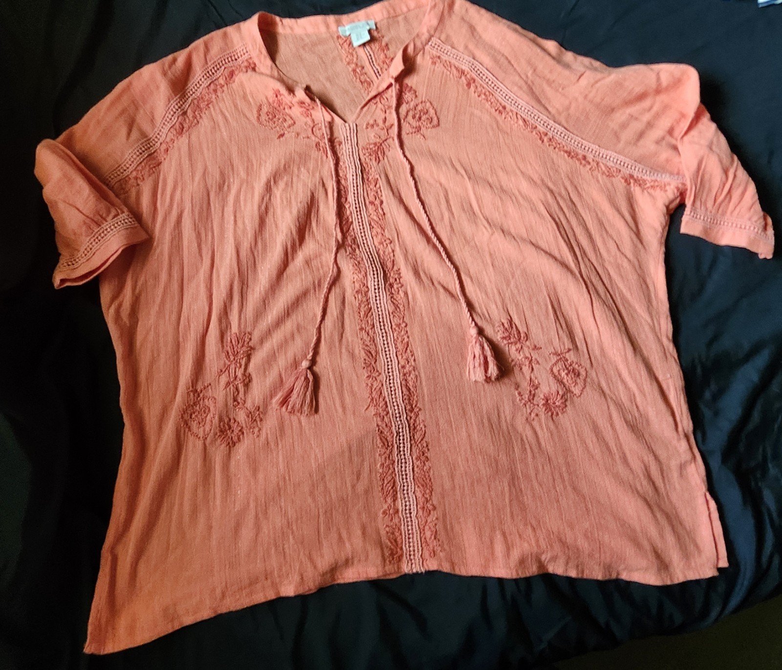 Rachel Zoe Women’s Orange Boho V-Neck 3/4 Sleeve Woven Tie Tassel Blouse XL