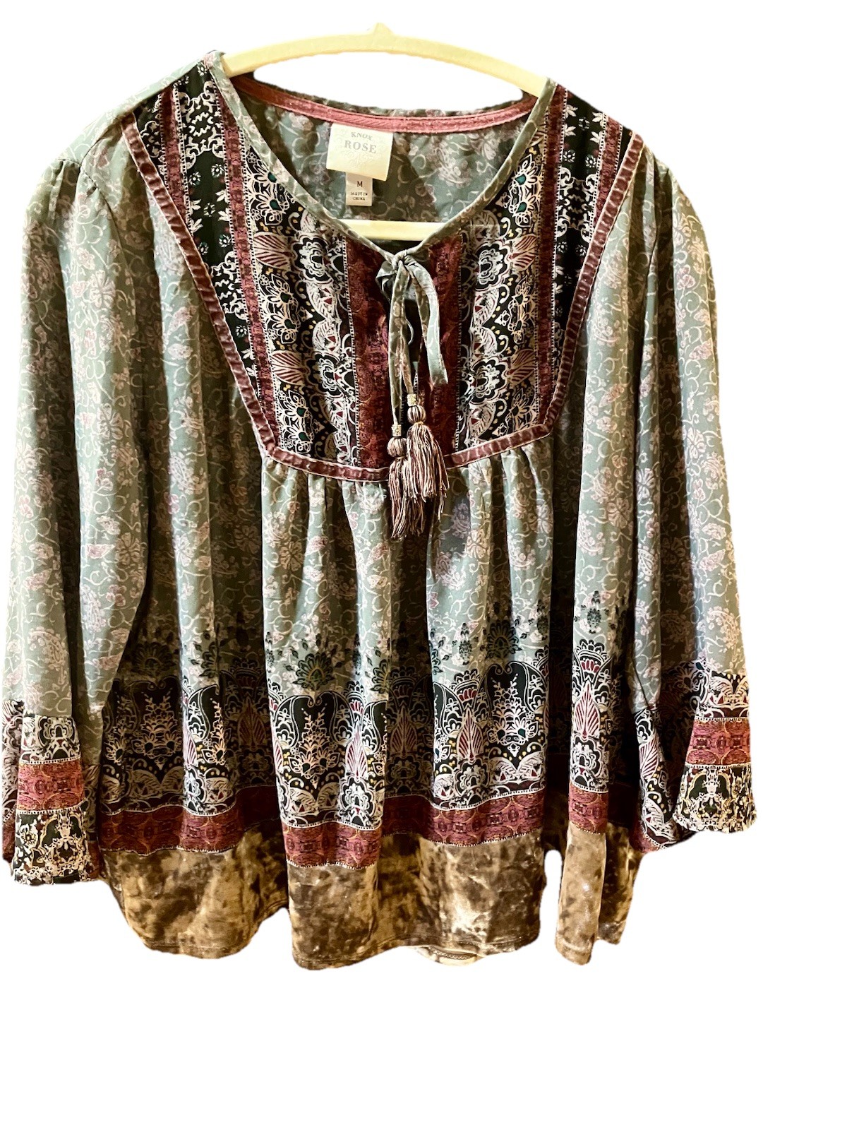 Knox Rose Boho Top Medium. Mauve/Plum/Blue. Crushed Velvet Look Hem