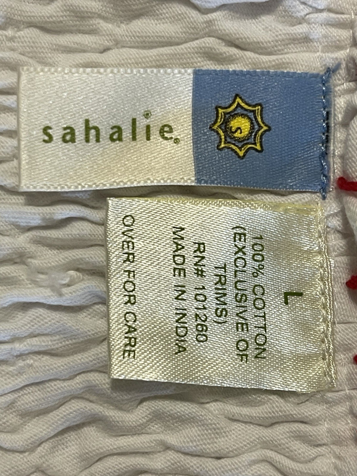 SAHALIE White Embroidered 100% Cotton Boho Peasant Blouse Women’s Size L