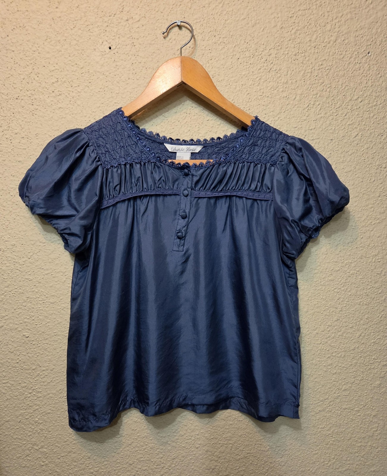 Eduardo Blanco Blouse Womens Small Blue Silk Puff Sleeve Smocked Lace Top
