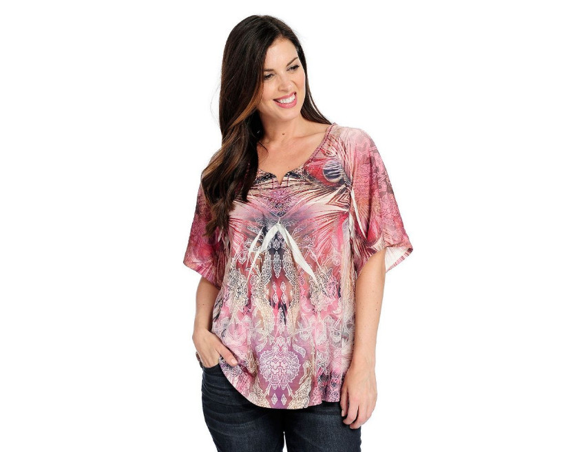 One World 1X Plus Berry Mixed Print Embroidered Notch Neckline Top NWT