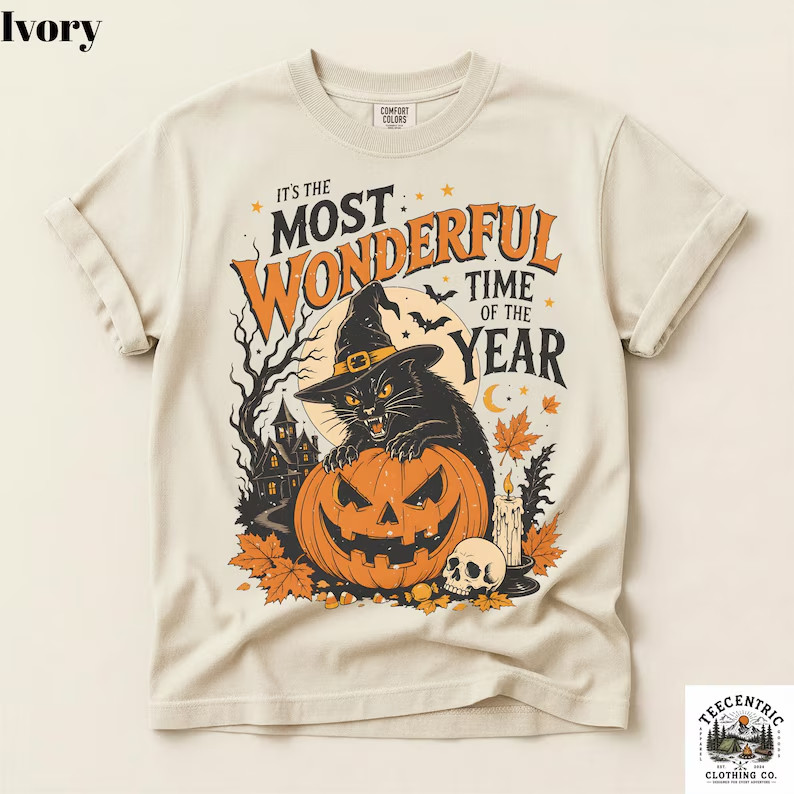 It’s The Most Wonderful Time Of The Year T-Shirt Halloween Black Cat Pumpkin Tee