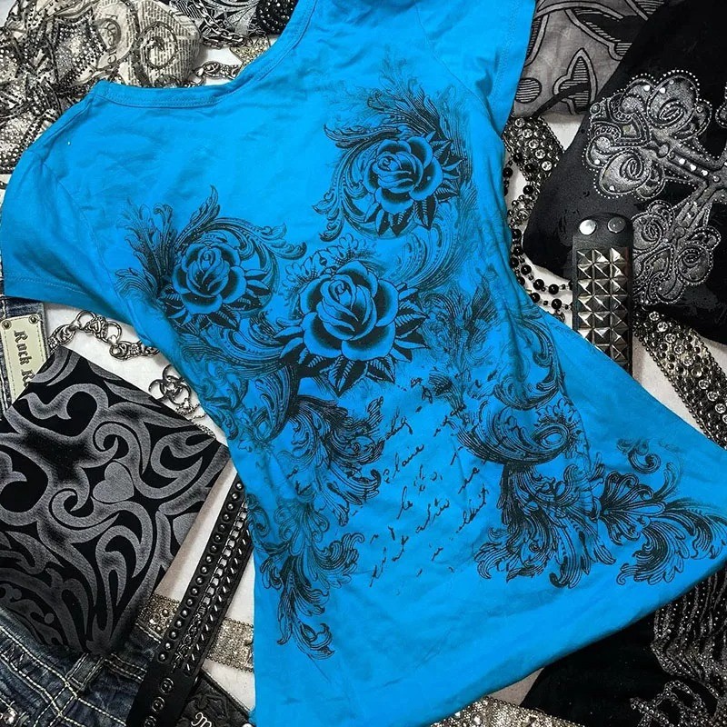 Women’s Y2k Grunge T-Shirts 2000s Vinage Rhinestone Print Heart Rose T-Shirt