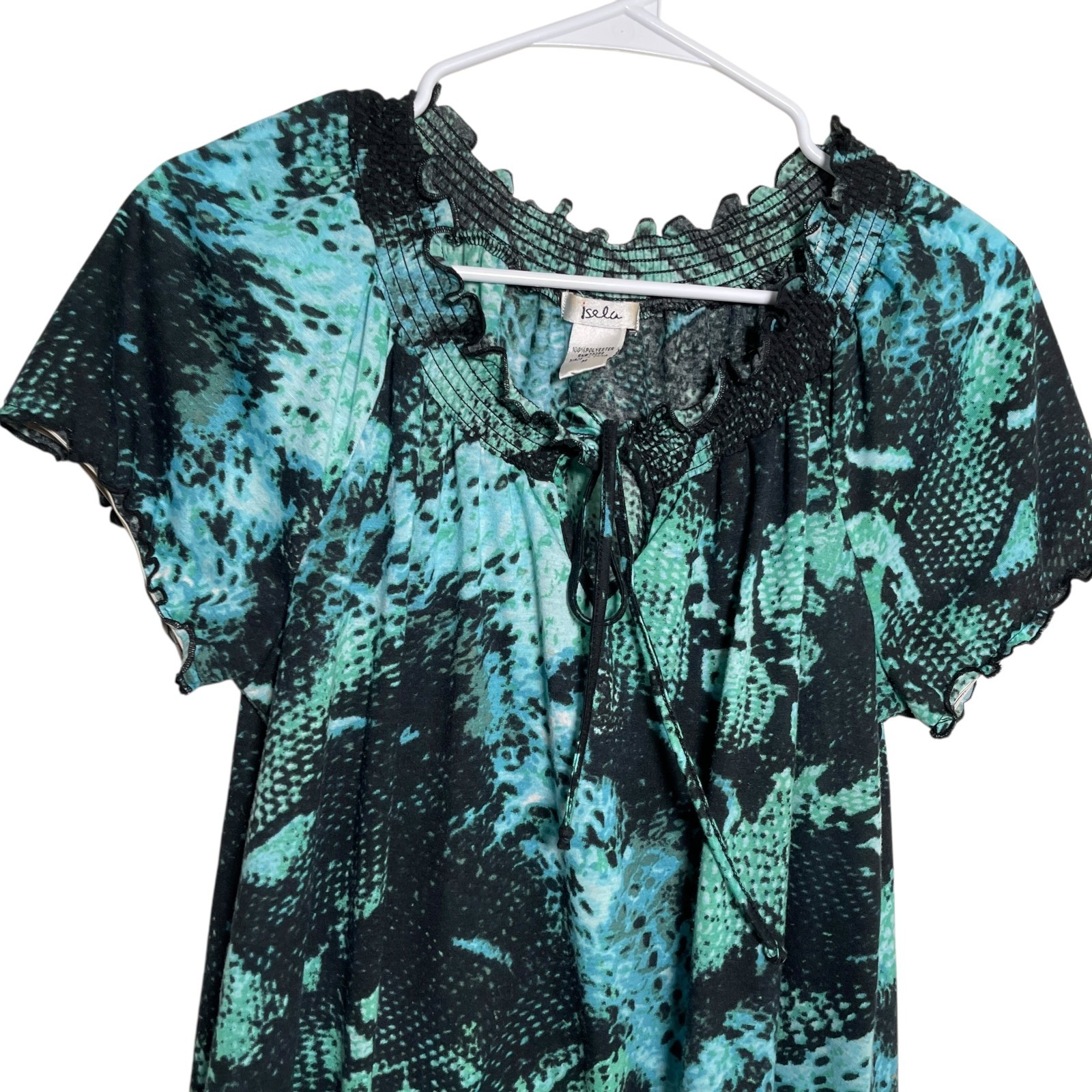 Isela Blouse Women’s Medium Colorful Smocked Short Sleeve Artsy Ruffle Printed