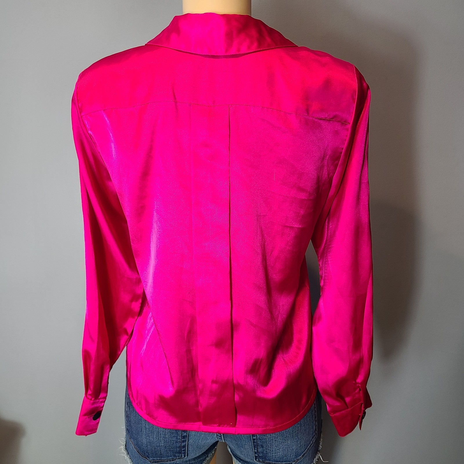 Vtg 80s 90s Top Satin Pink Pleated Retro Pink Statement Tailored Collared Sz M