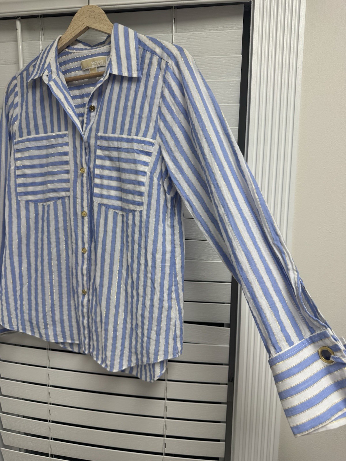 Michael Kors Blue & White Striped Gold Style Long Sleeve Button Up Women’s S