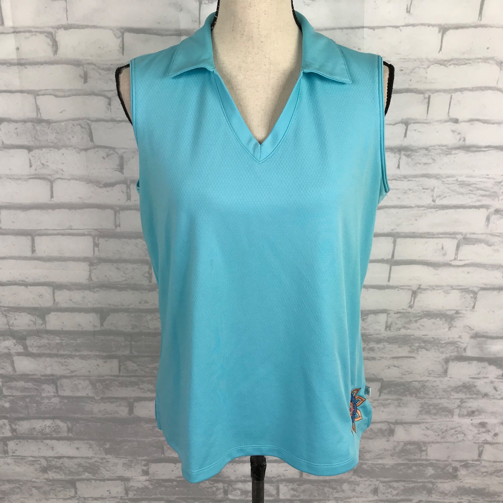 Lady Hagen Womens Top Shirt Size L Aqua Sleeveless Collar Tennis Golf Knit
