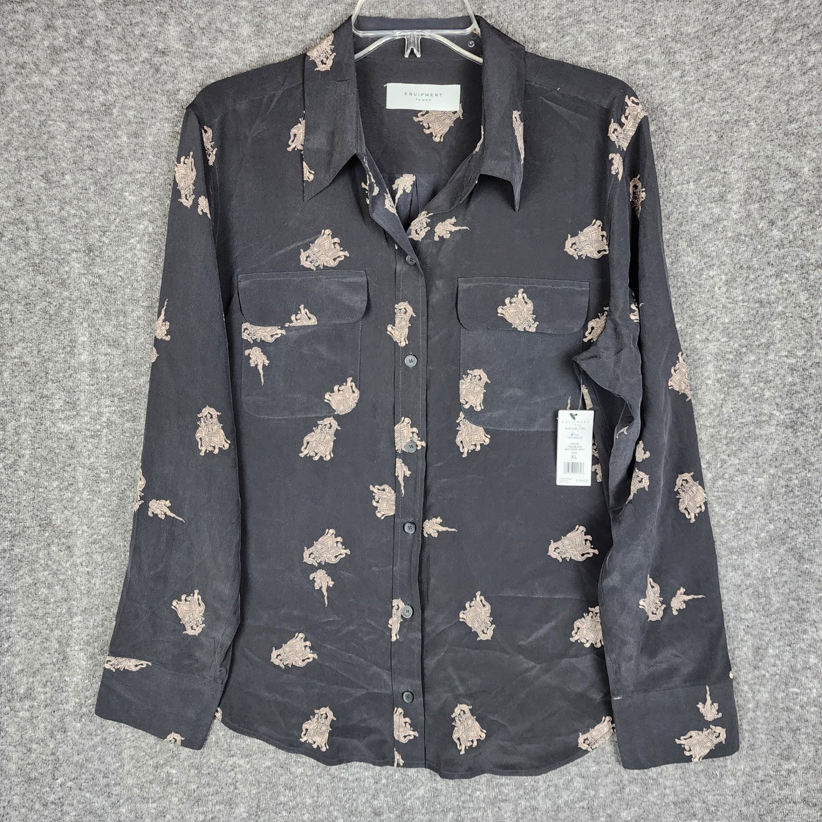 Equipment Femme Slim Signature Blouse Womens XL Black Silk Elephant Print NEW