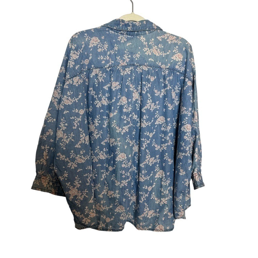 Cato Chambray Floral Denim Pullover Collar High Low Tunic Top Blouse Size 18/20W