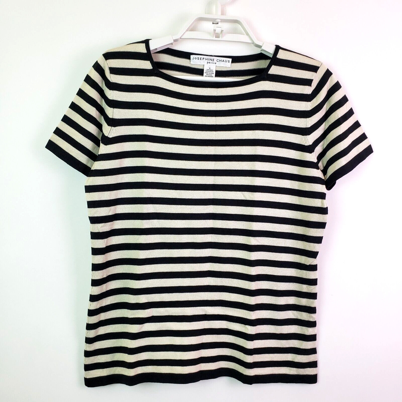 Josephine Chaus Womens Size S Petite Black Cream Striped Silk Nylon Blend Top