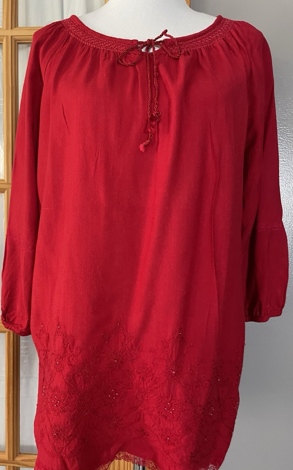 90s Art & Soul Pullover Blouse Sz L Red Floral Embroidery Trim Peasant Boho City