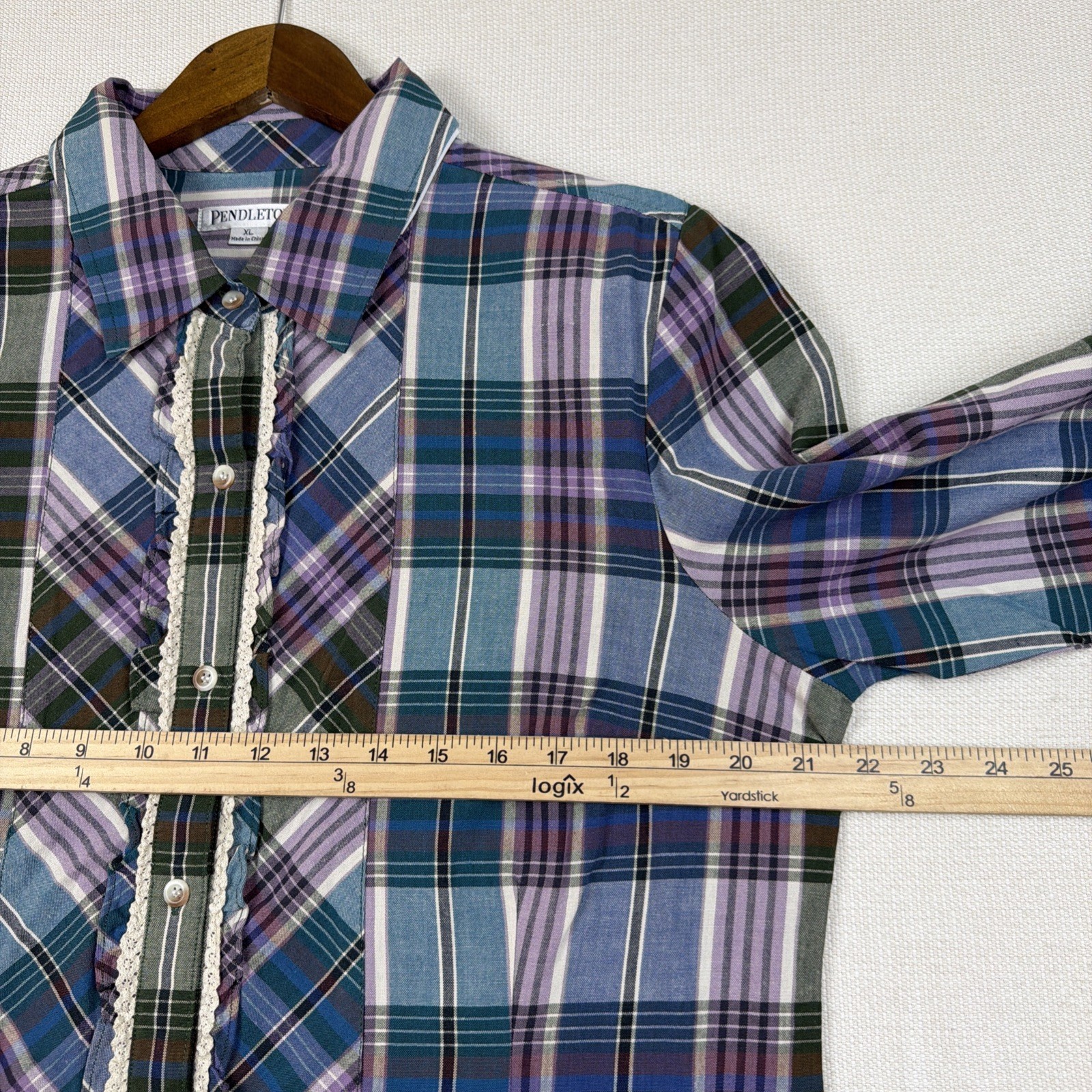 Pendleton Plaid Button Up Shirt Blouse Womens XL Ruffle Detail NWT Blue Green