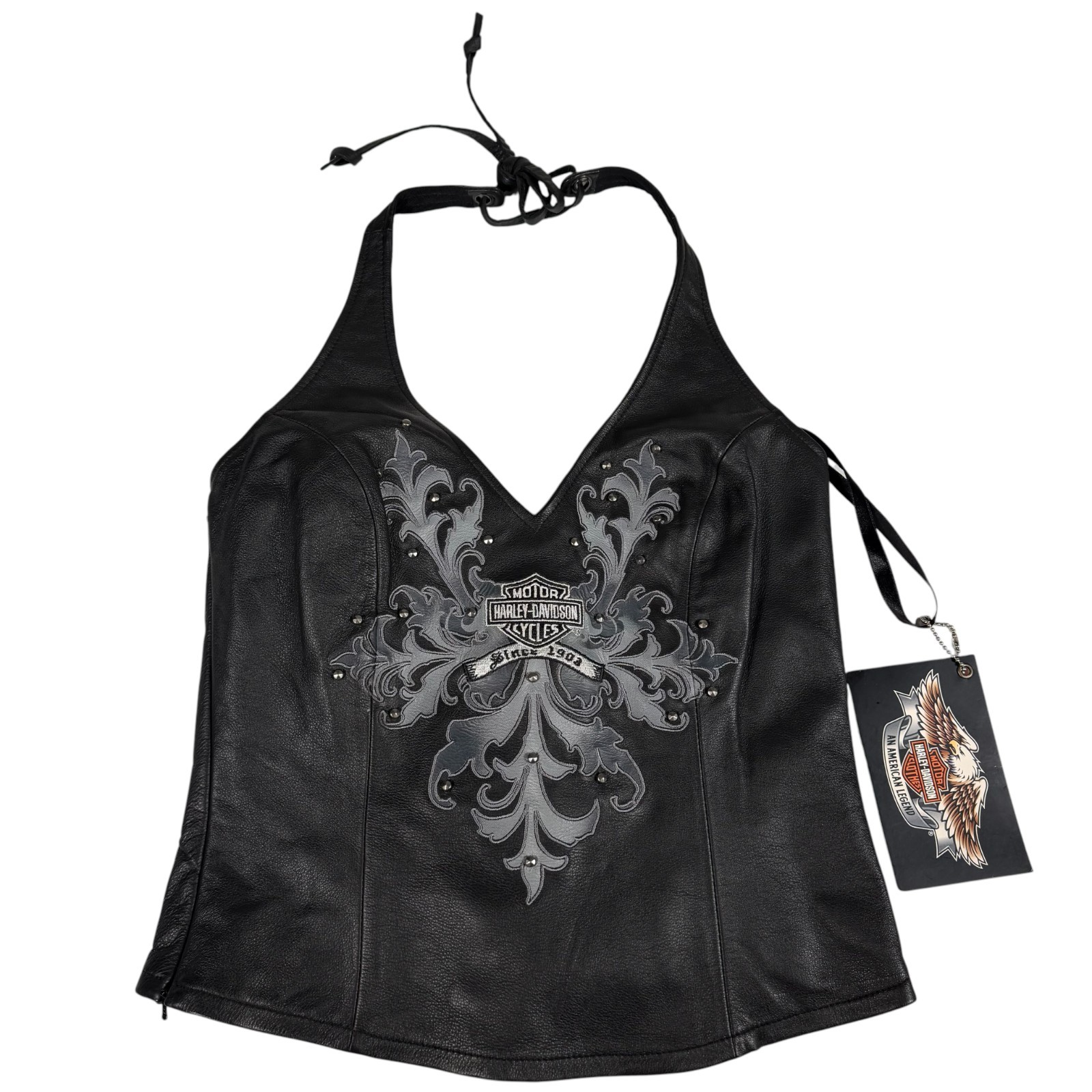 VTG Harley-Davidson Womens Black Leather Studded Floral Halter Top Size S New