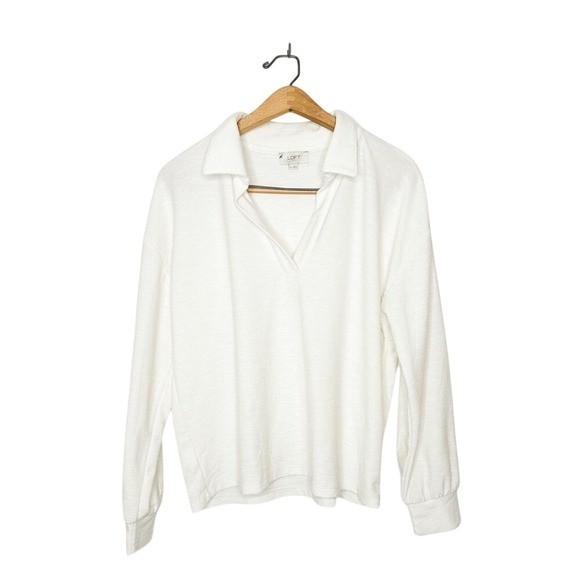 Ann Taylor LOFT White Collared Knit Long Sleeve Top Neutral Slub Knit Medium M