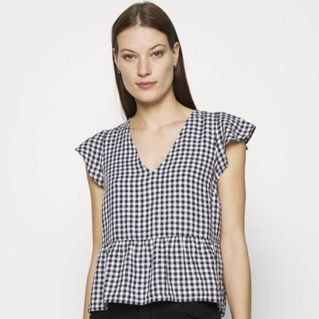 Abercrombie & Fitch V Neck Top Size Z Smocked Babydoll Linen Blend Peplum Check