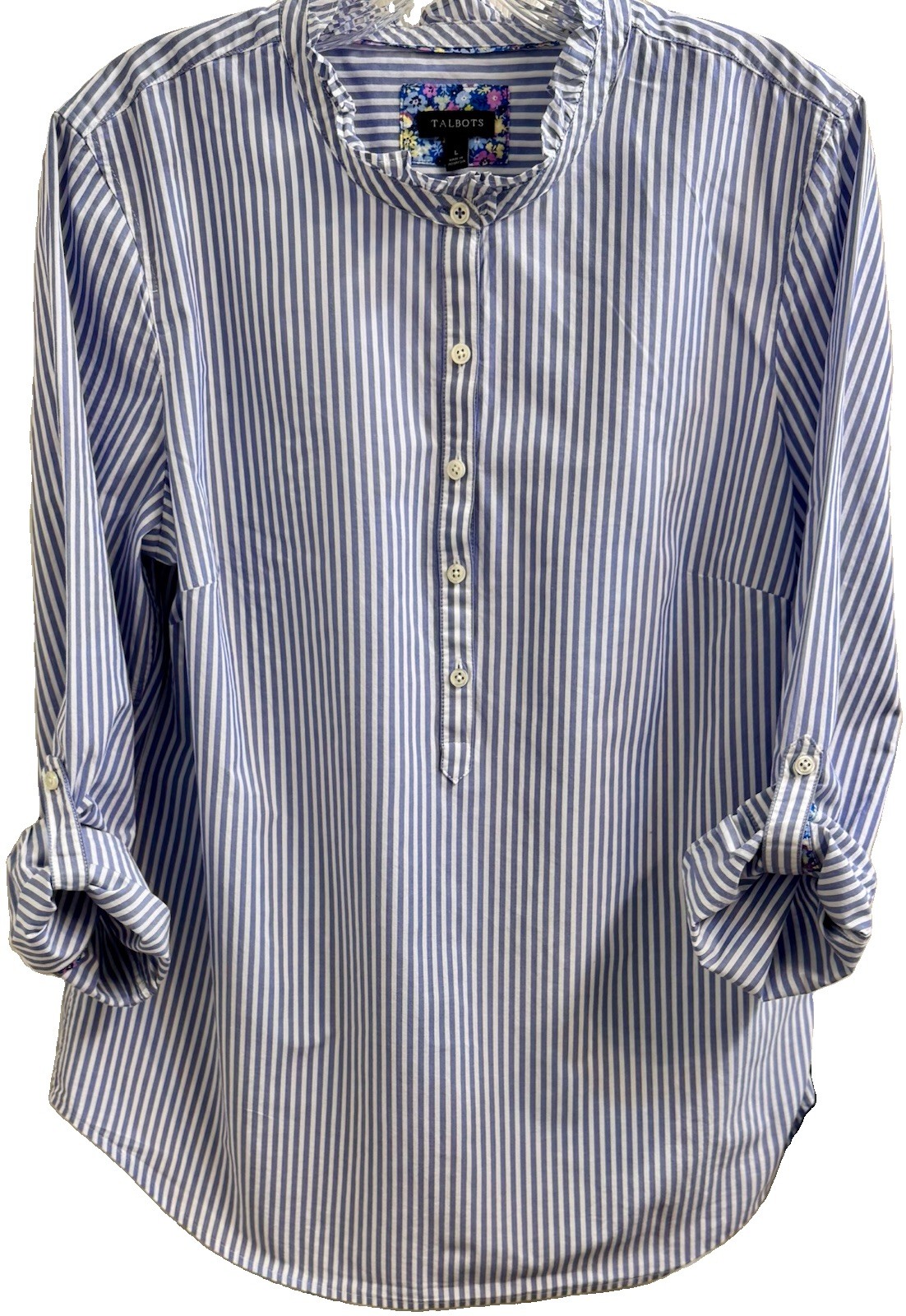 TALBOTS Blue & White Striped Coastal COTTON POPOVER Roll Tab Sleeves (L) NWOT