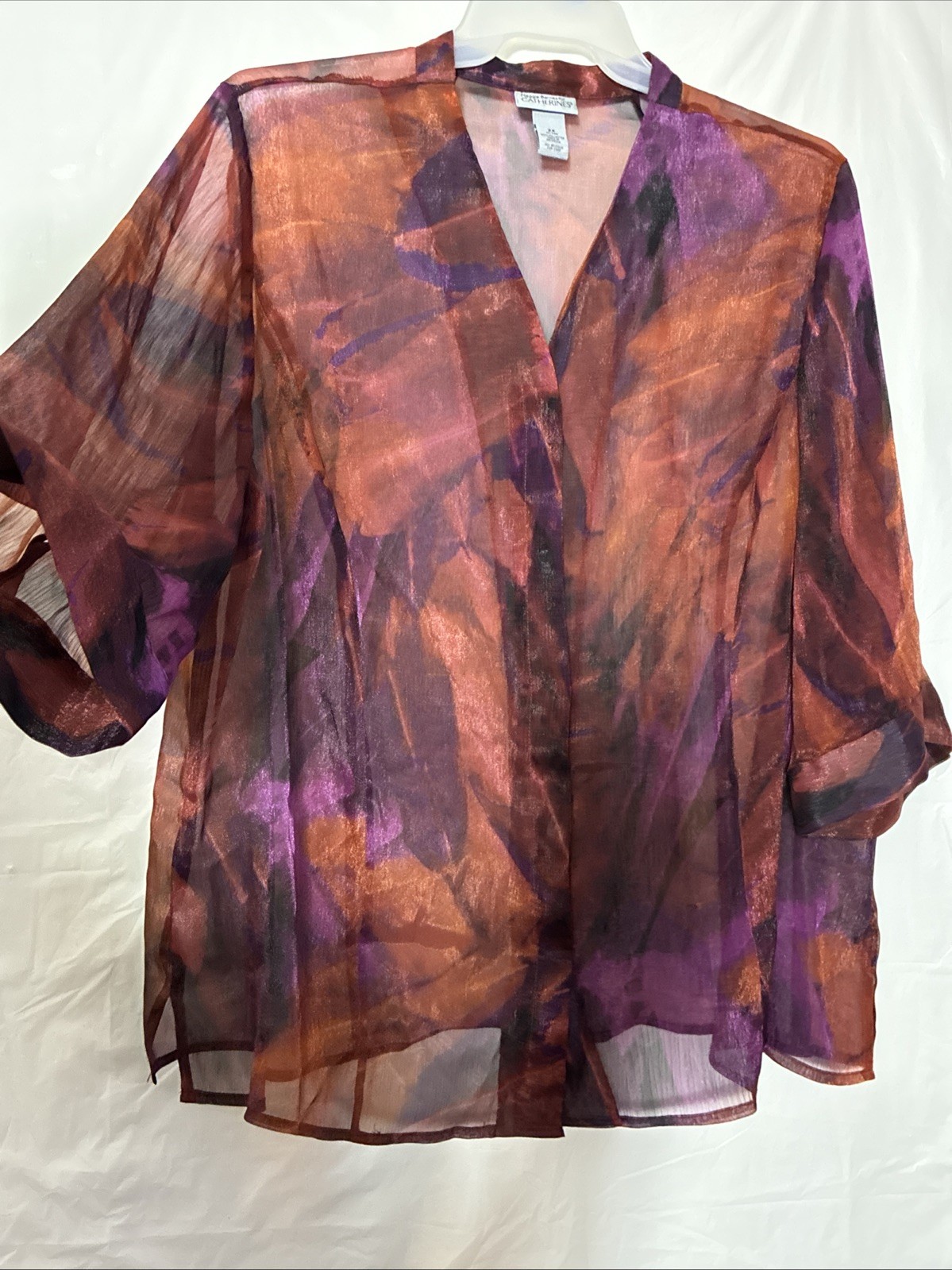 Maggie Barnes Blouse Sheer V Neck Top Button Multicolor 3/4 Sleeve Art 2 Wear 24