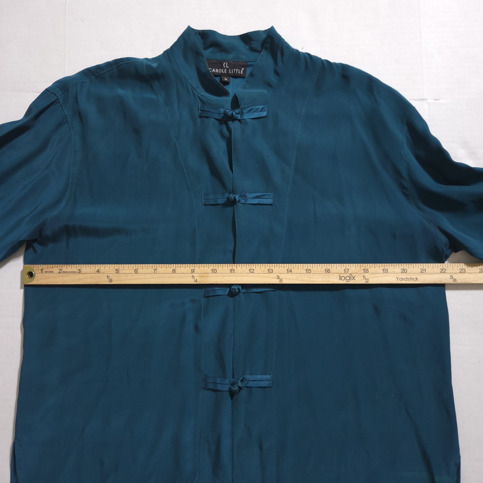 Carole Little 100% Silk Japanese Knot Blouse Top Teal Mandarin Collar VTG Womens