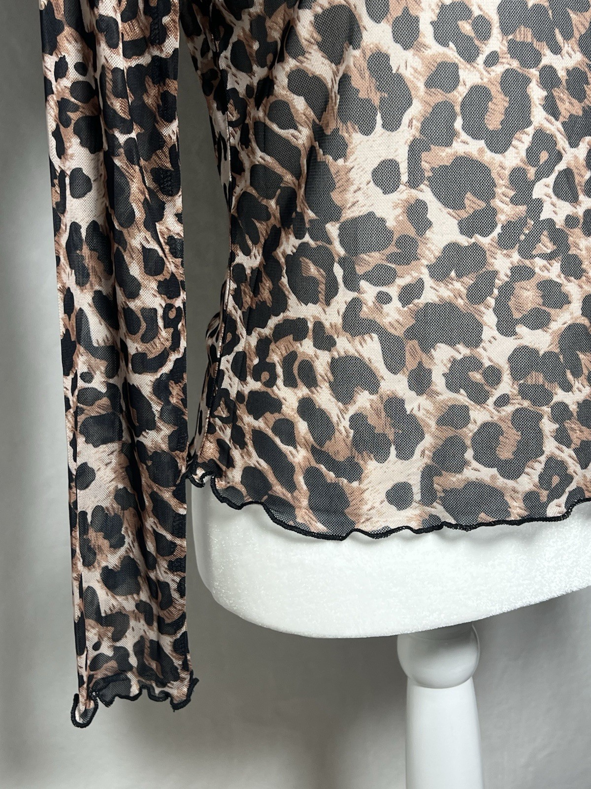 NWOT Semi Sheer Mesh Brown Black Leopard Print Long Sleeve Top – size S