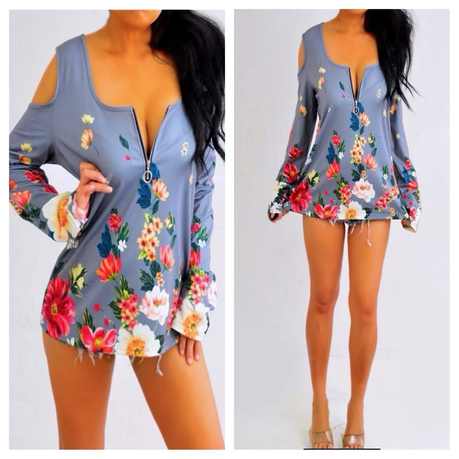SHEILAY Gray Pink Green Yellow Floral Long Sleeve CutOut Blouse Shirt Top XL NWT