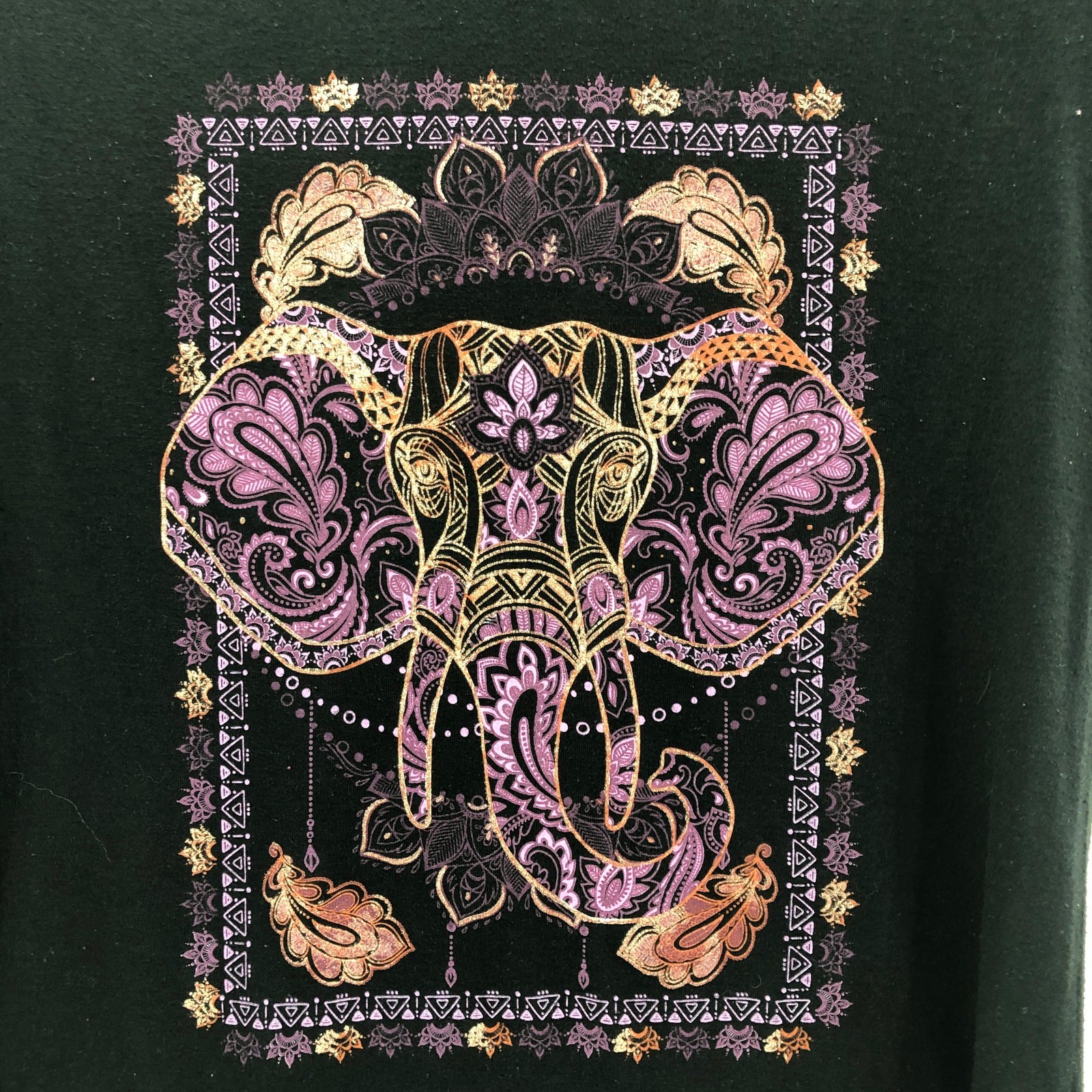 Fifth Sun SMALL Asian Elephant Henna Doodle Black Burnout Tee Small V Neck Shirt