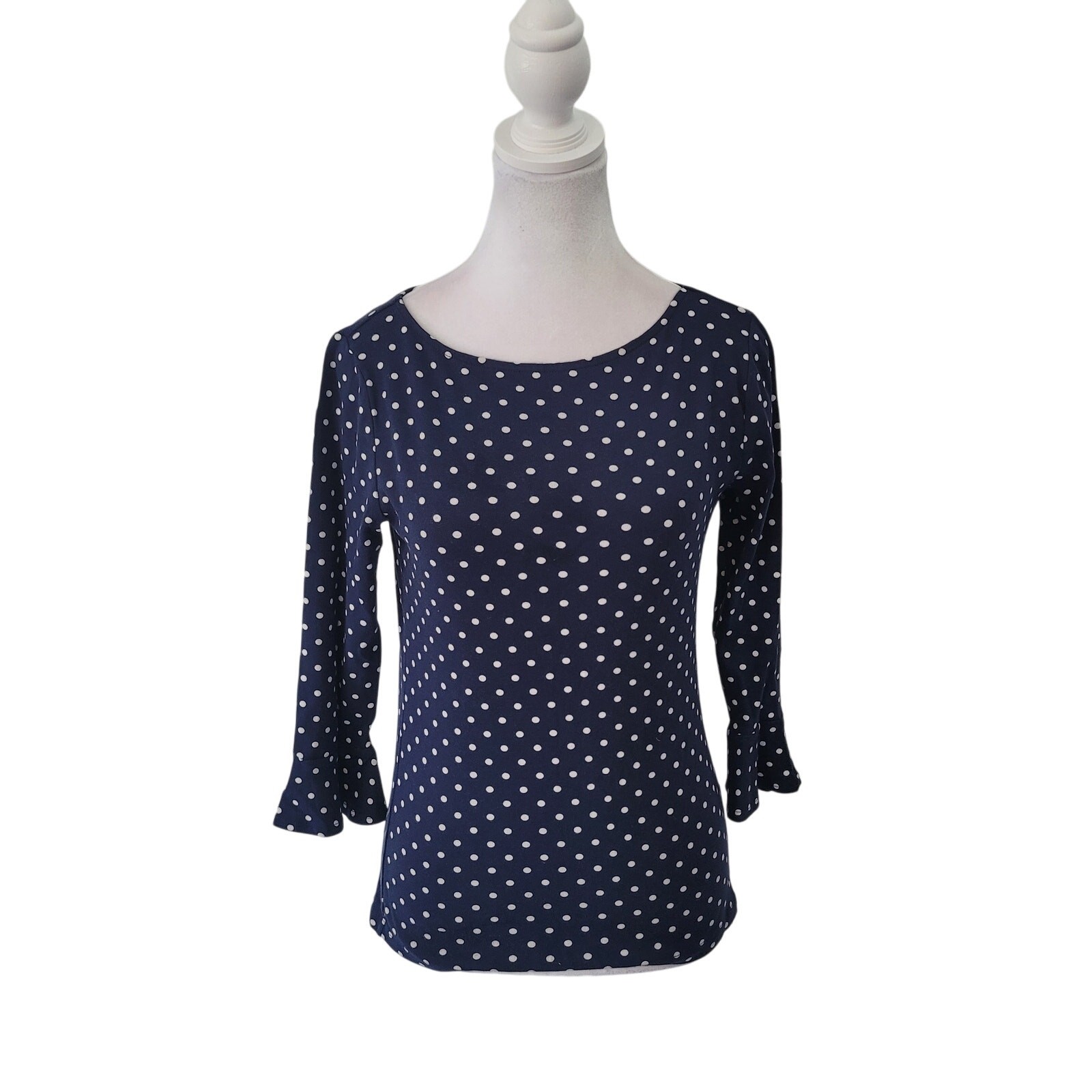 Lauren Ralph Lauren Size M Navy White Polka Dot Flounce Sleeve Blouse