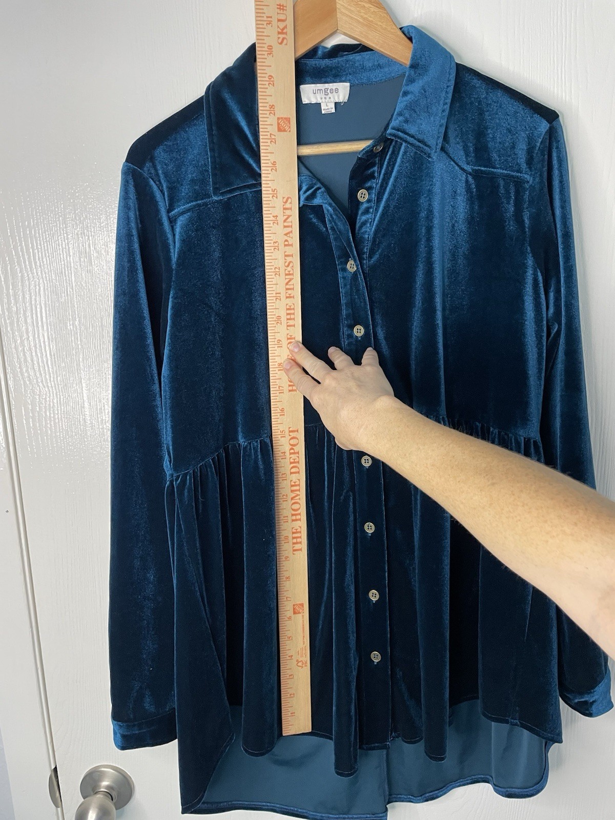 Umgee Womens L Teal Velvet Babydoll Tunic Top Button Up Long Sleeve Boho