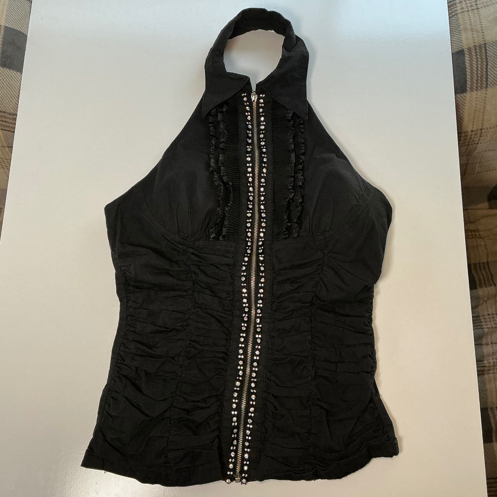 Body Central Black Halter Top Y2K Rhinestone Ruffle Zip Front Emo Gothic Cotton