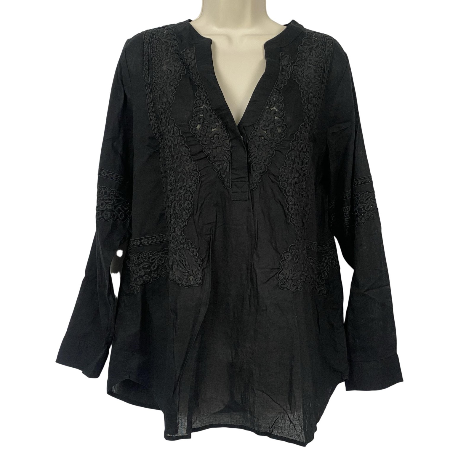 Soft Surroundings Tunic Top M Black Crochet Lace Embroidered Sheer Henley Boho