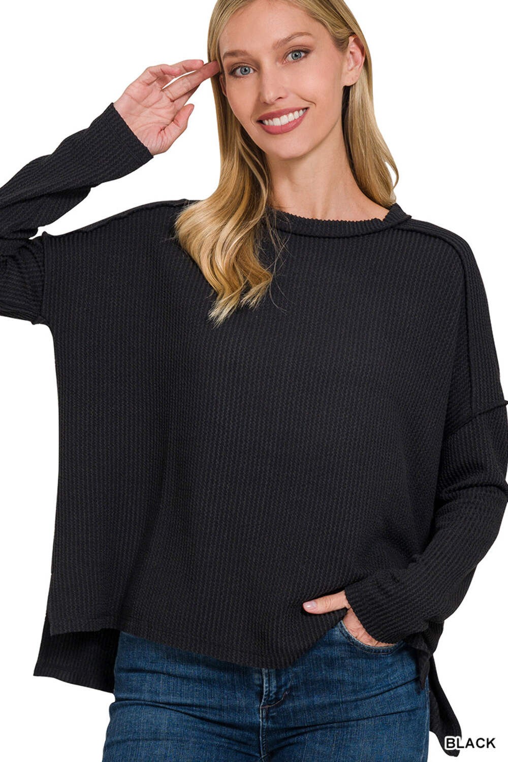 Zenana Women’s Raised Rib Raw Edge Boat Neck Long Sleeve