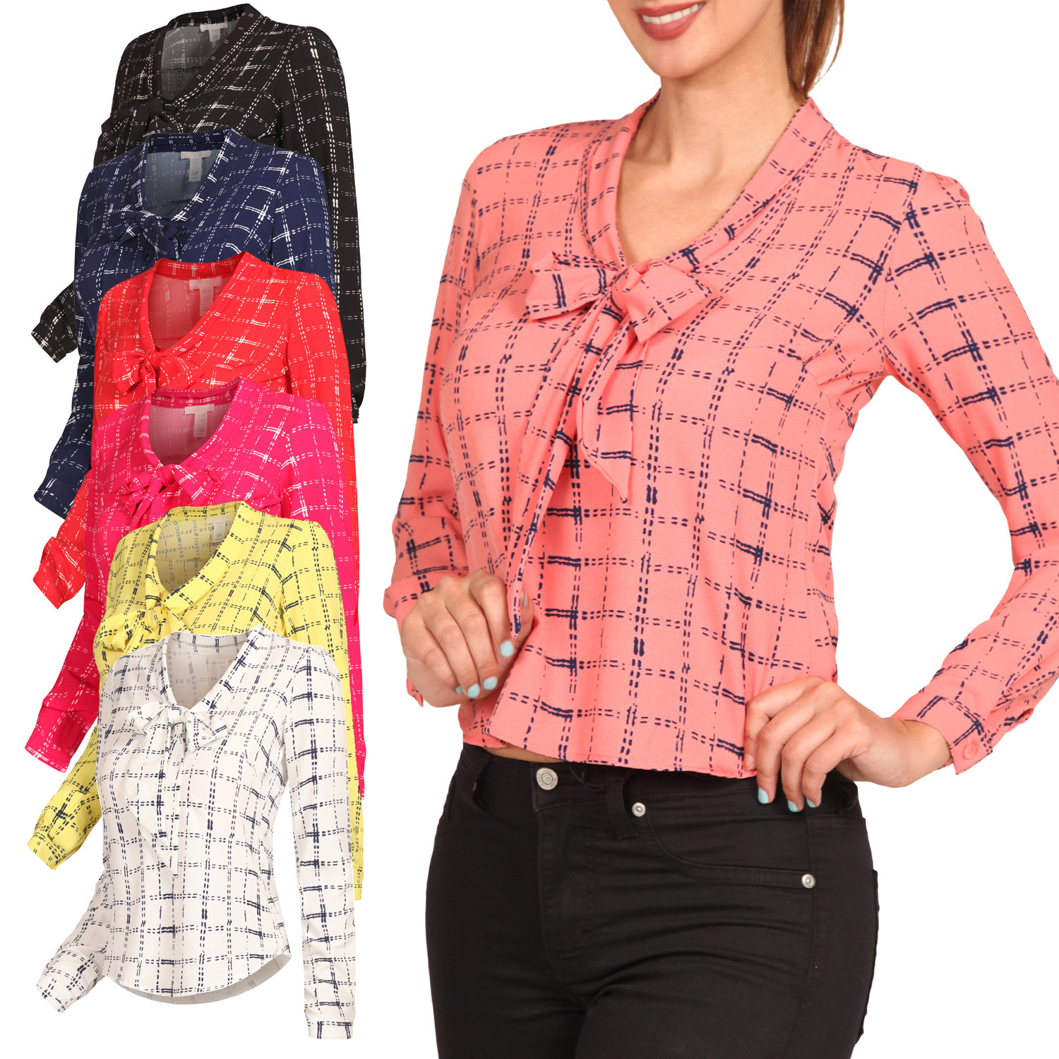 NE PEOPLE Womens Cuffed Long Sleeve Plaid Front Tie Neck Shirts Blouse [NEWT388]
